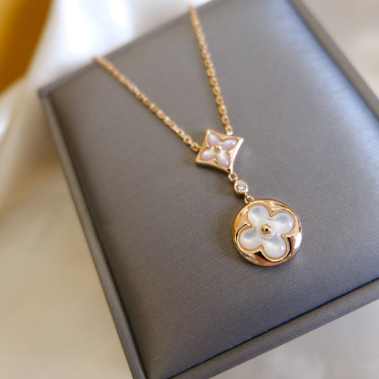 [⭐moonlume]STAR AND SUN WHITE MOP 2 MOTIF PINK GOLD NECKLACE