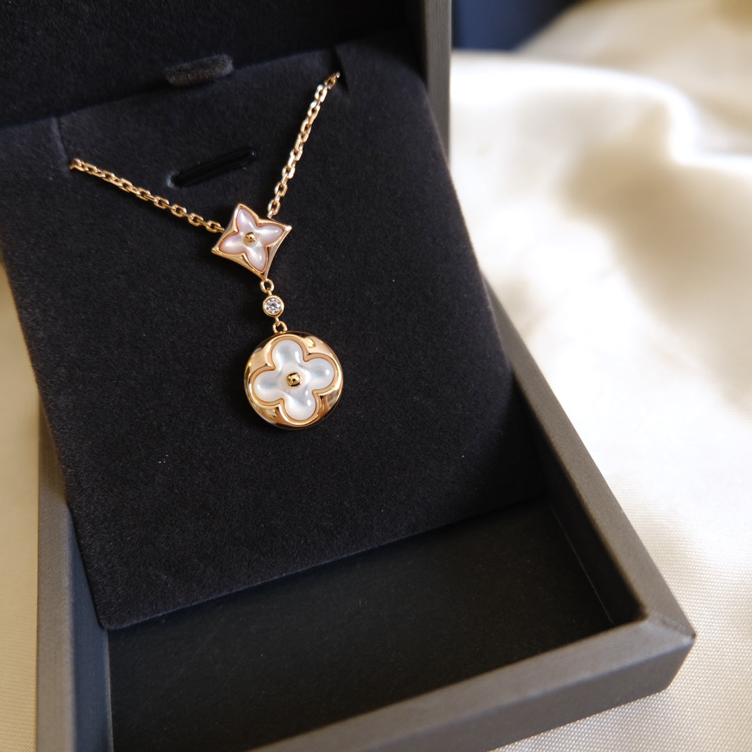 [⭐moonlume]STAR AND SUN WHITE MOP 2 MOTIF PINK GOLD NECKLACE
