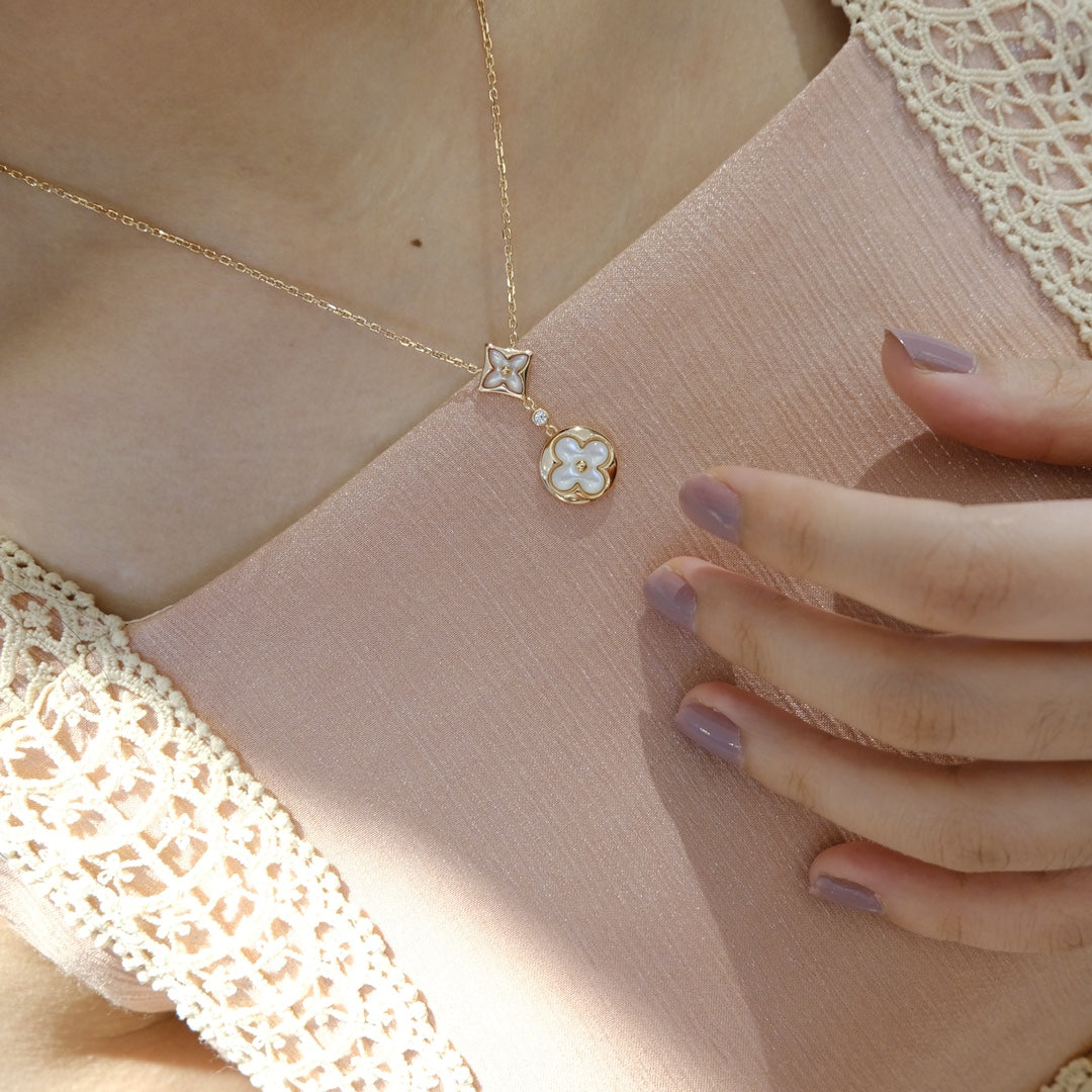 [⭐moonlume]STAR AND SUN WHITE MOP 2 MOTIF PINK GOLD NECKLACE