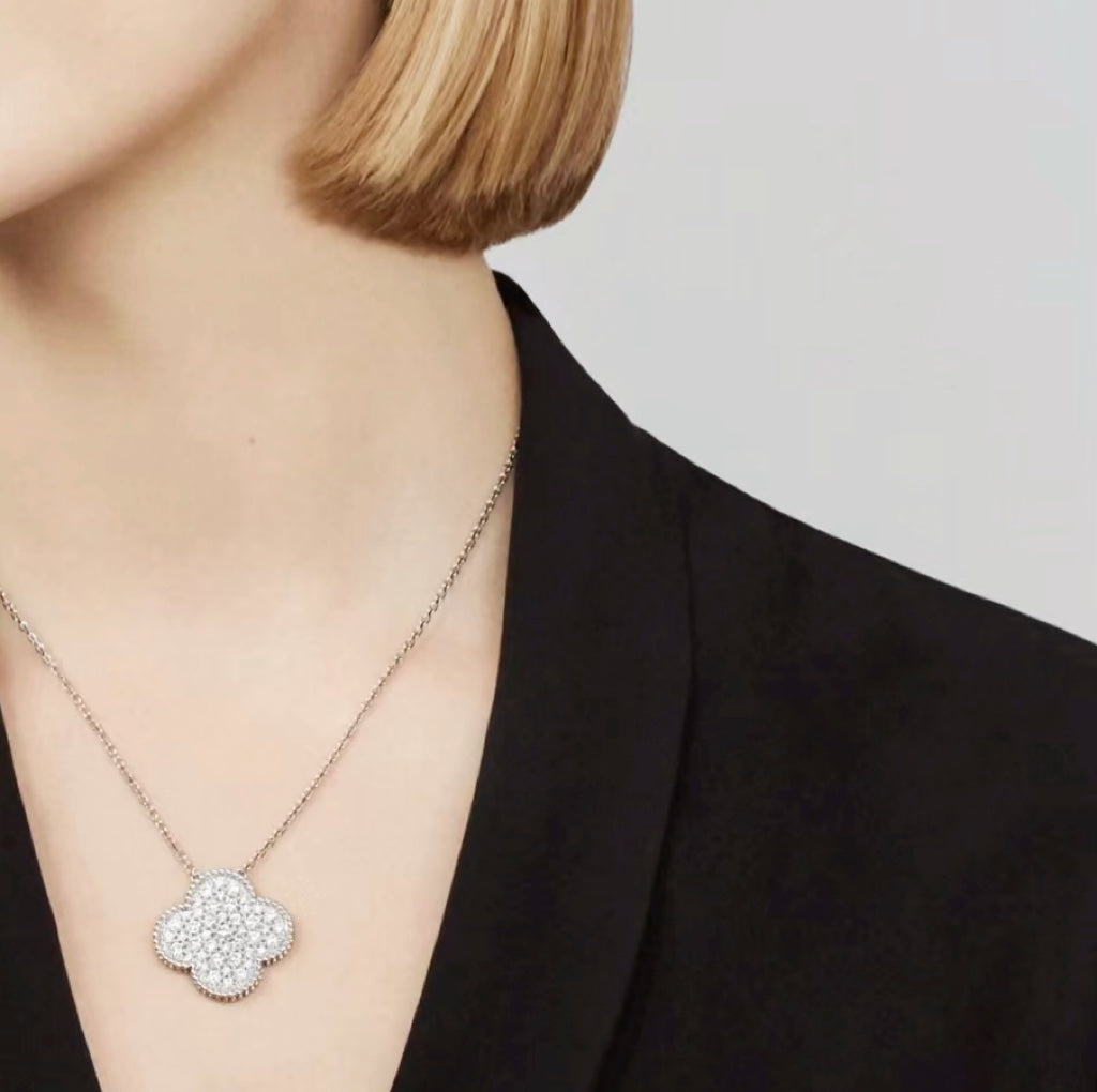 [⭐moonlume]CLOVER 25MM LARGE PENDANT DIAMOND PAVED SILVER NECKLACE