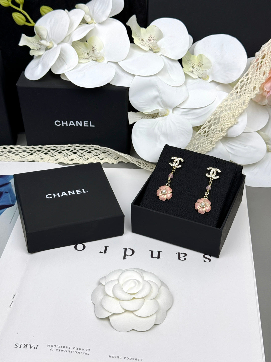 [⭐moonlume]26C Pink Camellia Enamel Pendant with Double C Earrings