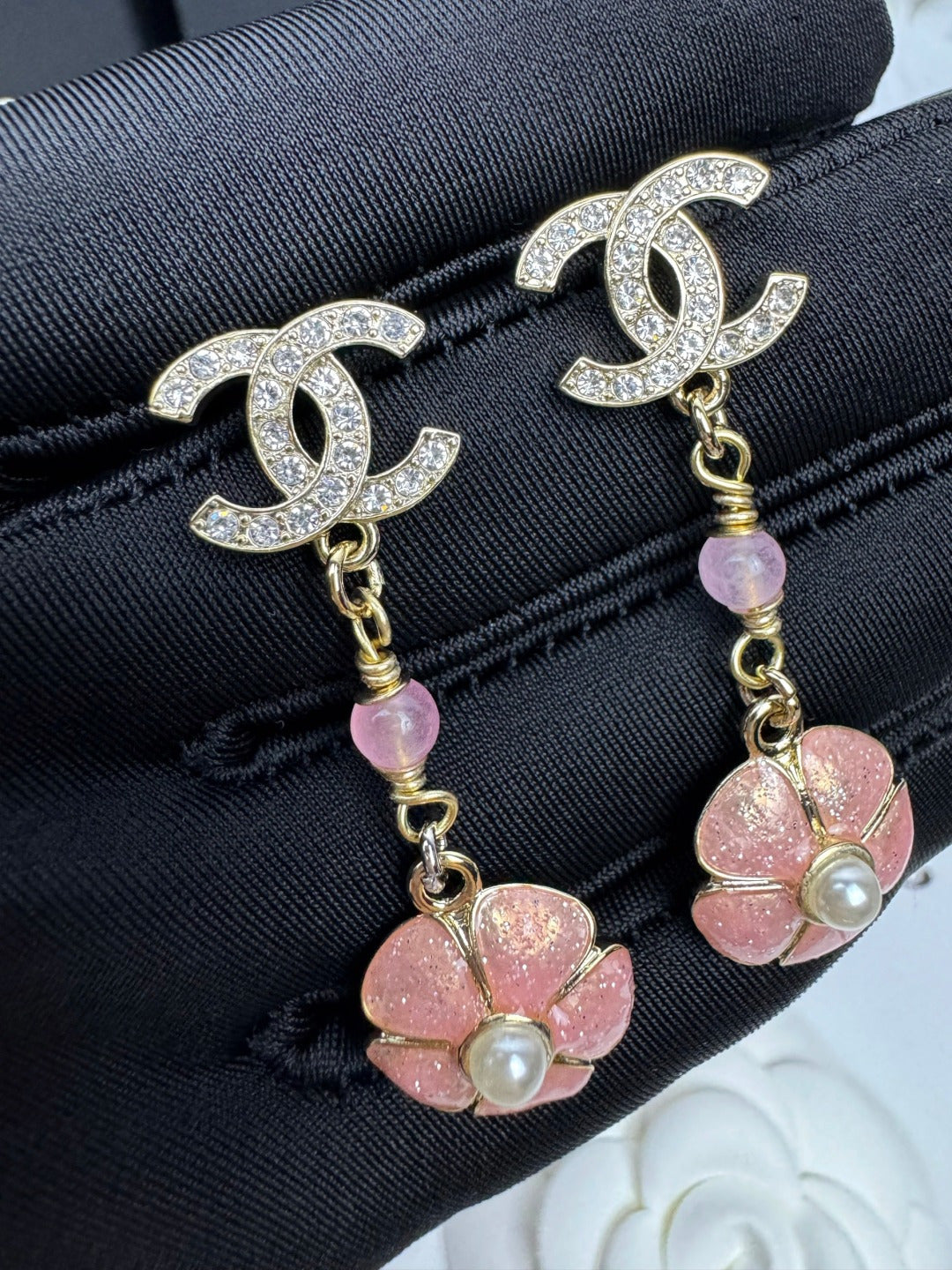 [⭐moonlume]26C Pink Camellia Enamel Pendant with Double C Earrings