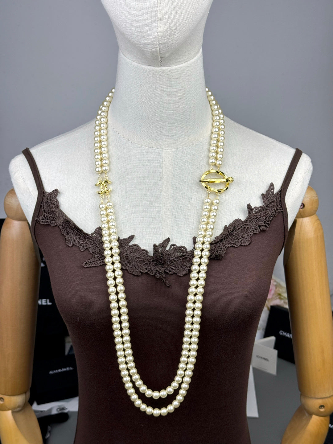 [⭐moonlume]25K Pencil Double C Double-Layer Pearl Sweater Chain
