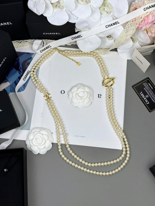 [⭐moonlume]25K Pencil Double C Double-Layer Pearl Sweater Chain