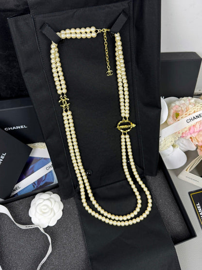 [⭐moonlume]25K Pencil Double C Double-Layer Pearl Sweater Chain