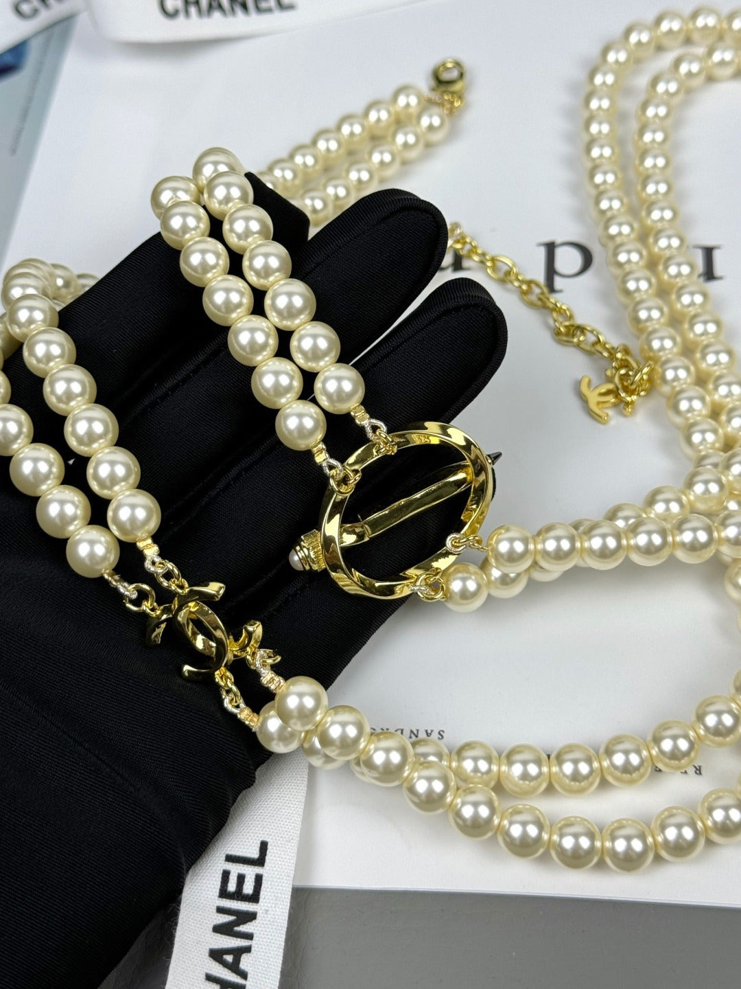[⭐moonlume]25K Pencil Double C Double-Layer Pearl Sweater Chain