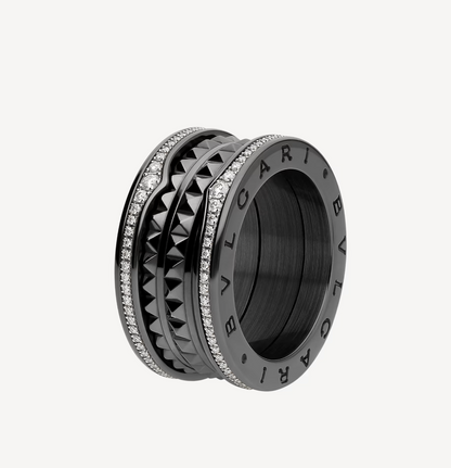 [⭐moonlume]ZERO 1 ROCK FOUR-BAND BLACK CERAMIC WITH STUDDED SPIRAL AND PAVED DIAMONDS RING