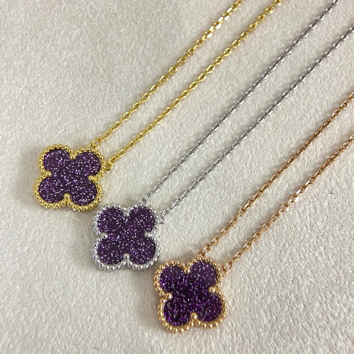 [⭐moonlume]NEW 15MM PURPLE SAND-GOLD FOUR-LEAF CLOVER NECKLACE
