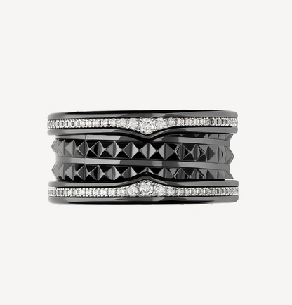 [⭐moonlume]ZERO 1 ROCK FOUR-BAND BLACK CERAMIC WITH STUDDED SPIRAL AND PAVED DIAMONDS RING