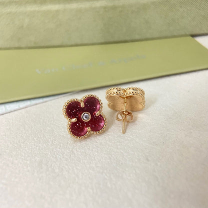 [⭐moonlume]2026 NEW  CLOVER 1 MOTIFPINK ENAMEL STUD EARRINGS WITH DIAMONDS