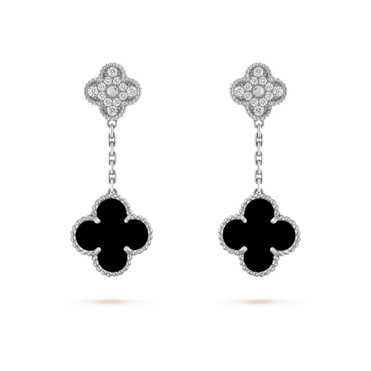 [⭐moonlume]CLOVER 2 MOTIFS  DIAMOND ONYX EARRINGS SILVER