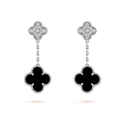 [⭐moonlume]CLOVER 2 MOTIFS  DIAMOND ONYX EARRINGS SILVER