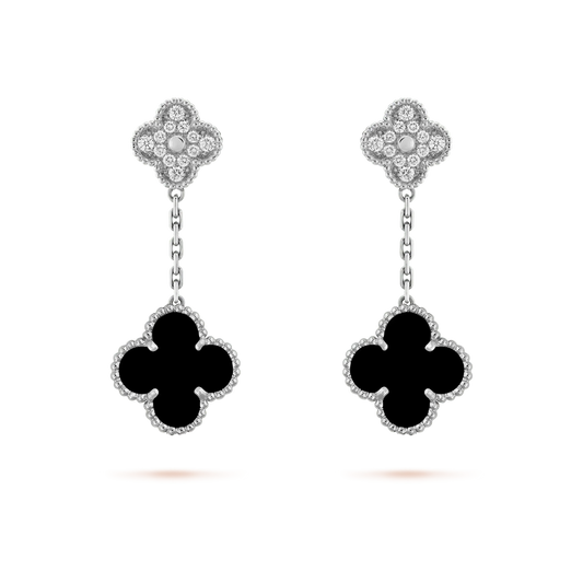 [⭐moonlume]CLOVER 2 MOTIFS  DIAMOND ONYX EARRINGS SILVER