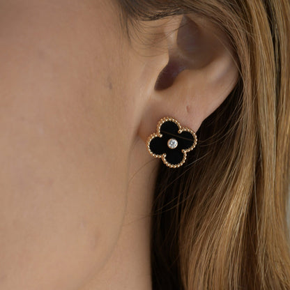 [⭐moonlume]CLOVER MEDIUM 1 MOTIFS ONYX DIAMOND EARRINGS