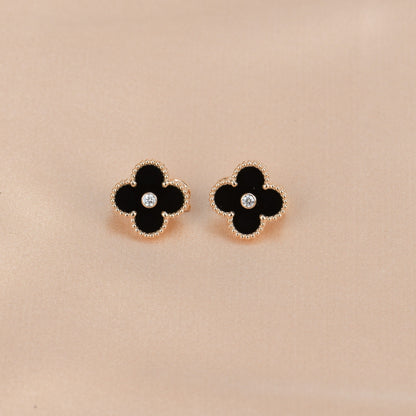 [⭐moonlume]CLOVER MEDIUM 1 MOTIFS ONYX DIAMOND EARRINGS