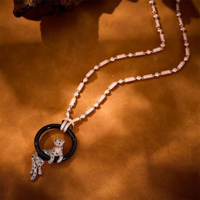 [⭐moonlume jewelrys]NEW BLACK CIRCLE PANTHER FULL DIAMOND NECKLACE