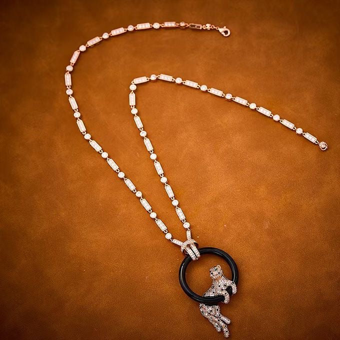 [⭐moonlume jewelrys]NEW BLACK CIRCLE PANTHER FULL DIAMOND NECKLACE