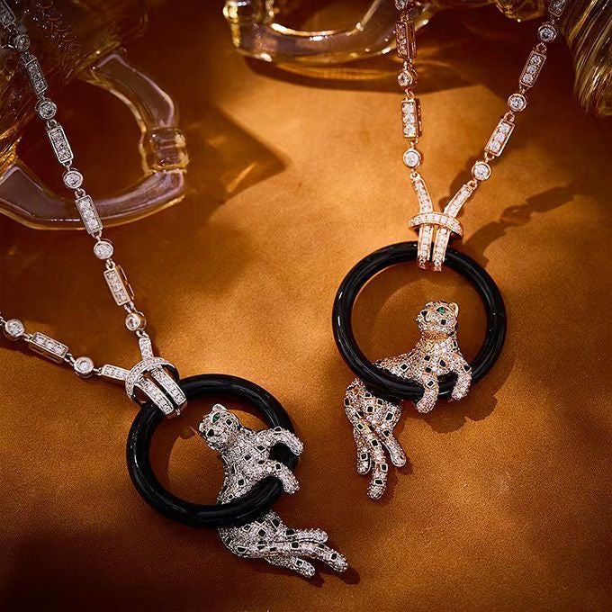 [⭐moonlume jewelrys]NEW BLACK CIRCLE PANTHER FULL DIAMOND NECKLACE