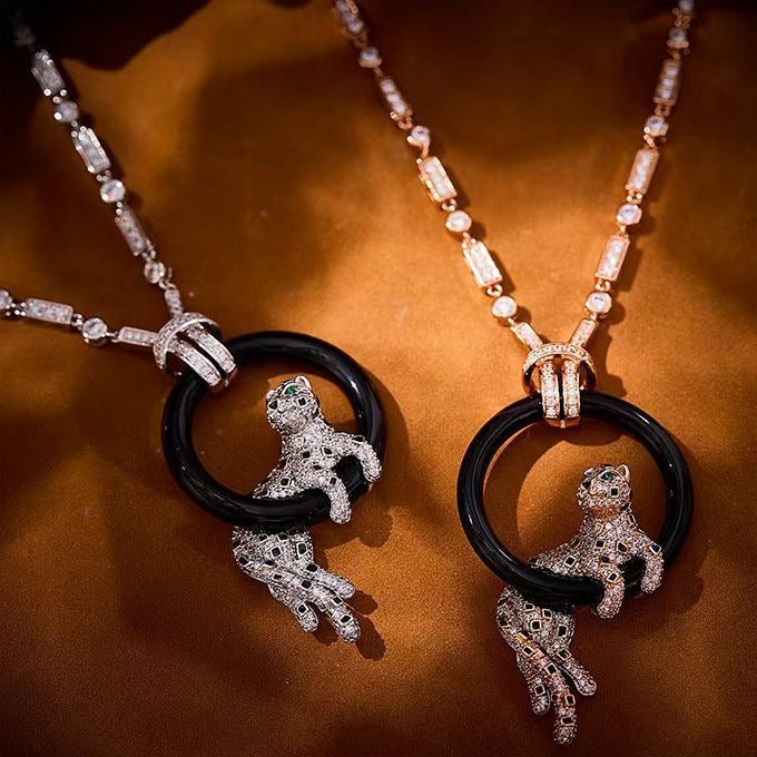 [⭐moonlume jewelrys]NEW BLACK CIRCLE PANTHER FULL DIAMOND NECKLACE