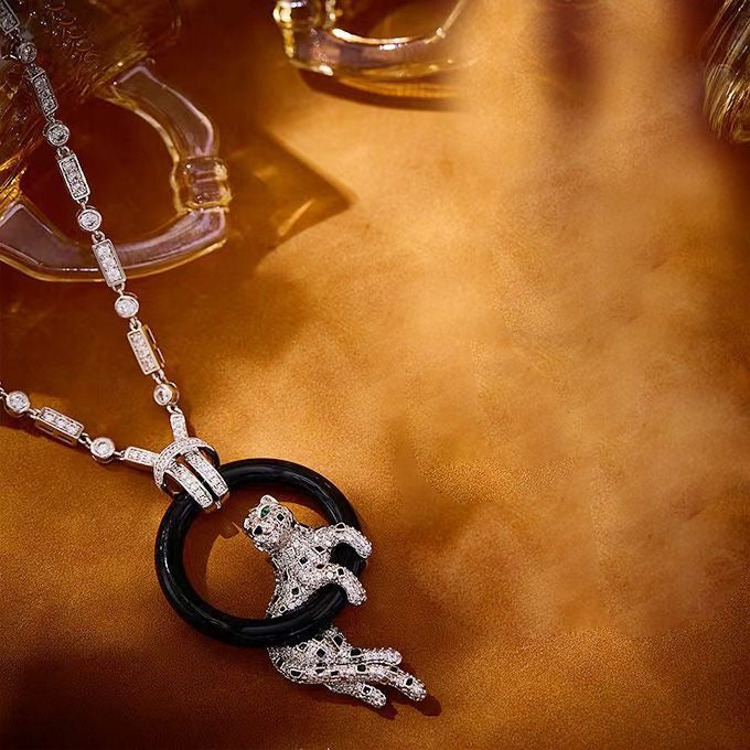 [⭐moonlume jewelrys]NEW BLACK CIRCLE PANTHER FULL DIAMOND NECKLACE
