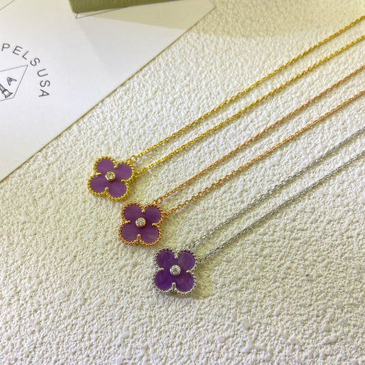 [⭐moonlume Jewelry]CLOVER 15MM DIAMOND  PURPLE VIOLET NECKLACE