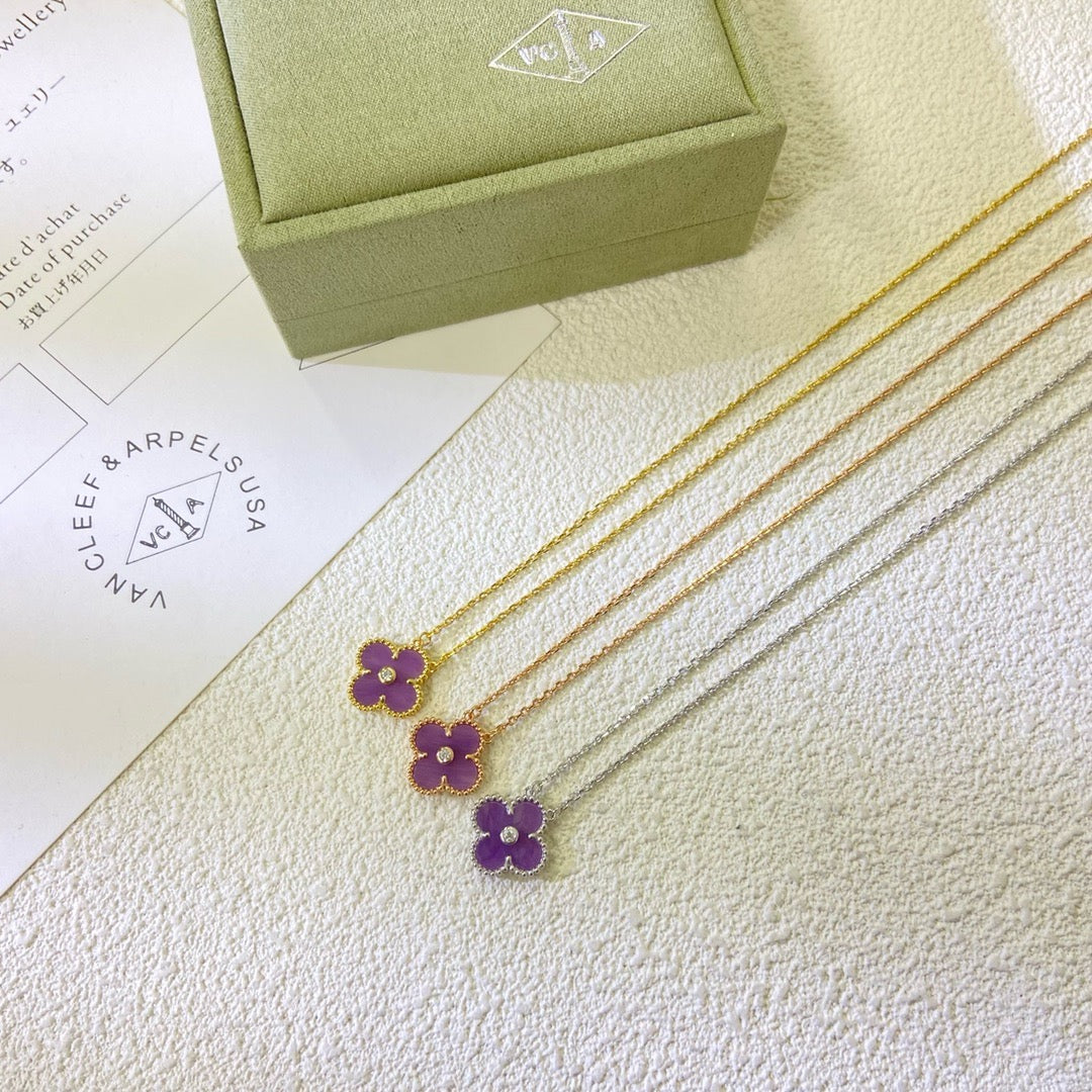 [⭐moonlume Jewelry]CLOVER 15MM DIAMOND  PURPLE VIOLET NECKLACE