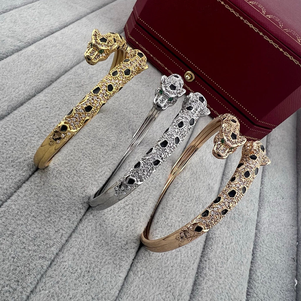 [⭐moonlume]PANTHERE DOUBLE HEADED HALF DIAMOND OPEN BRACELET