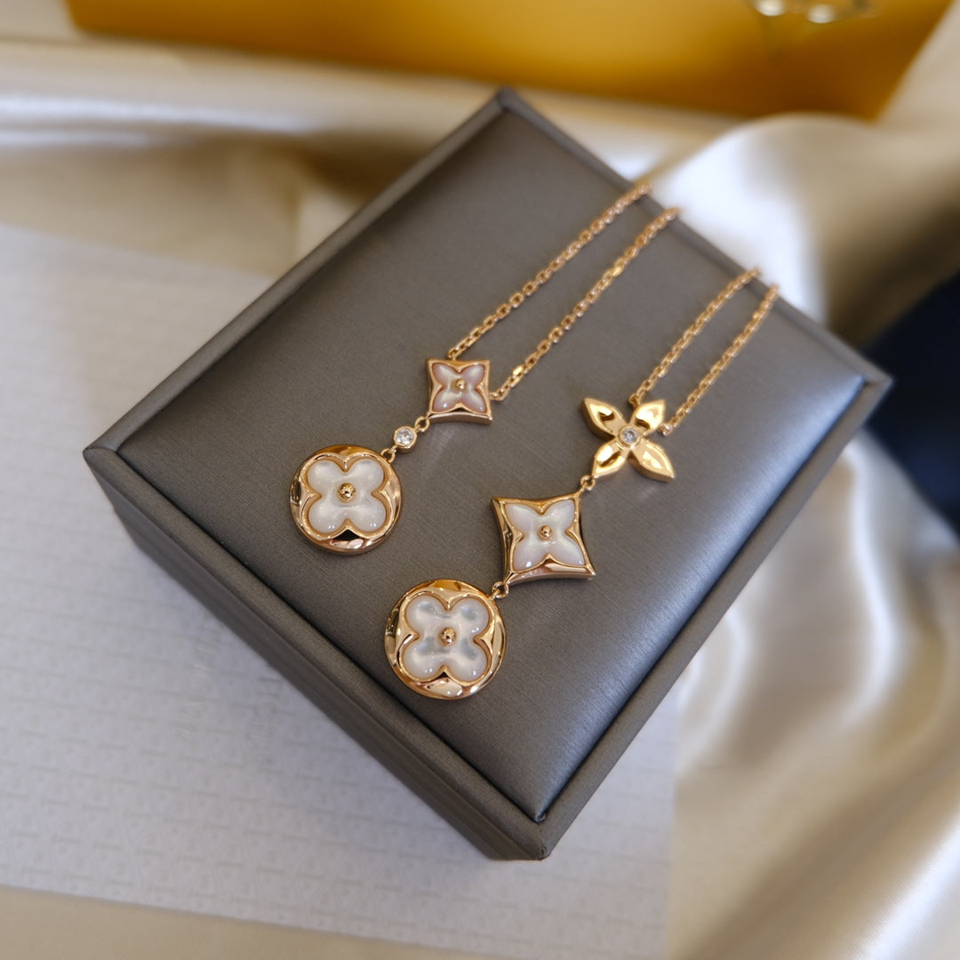 [⭐moonlume]COLOR BLOSSOM LARIAT NECKLACE PINK GOLD WHITE MOTHER PEARL AND DIAMOND