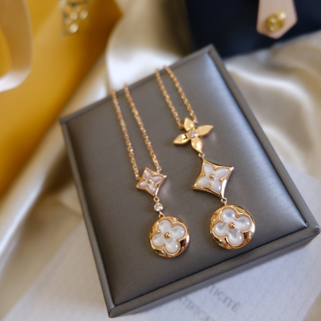 [⭐moonlume]COLOR BLOSSOM LARIAT NECKLACE PINK GOLD WHITE MOTHER PEARL AND DIAMOND