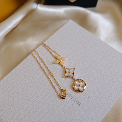 [⭐moonlume]COLOR BLOSSOM LARIAT NECKLACE PINK GOLD WHITE MOTHER PEARL AND DIAMOND