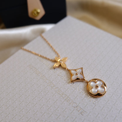 [⭐moonlume]COLOR BLOSSOM LARIAT NECKLACE PINK GOLD WHITE MOTHER PEARL AND DIAMOND