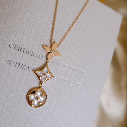 [⭐moonlume]COLOR BLOSSOM LARIAT NECKLACE PINK GOLD WHITE MOTHER PEARL AND DIAMOND