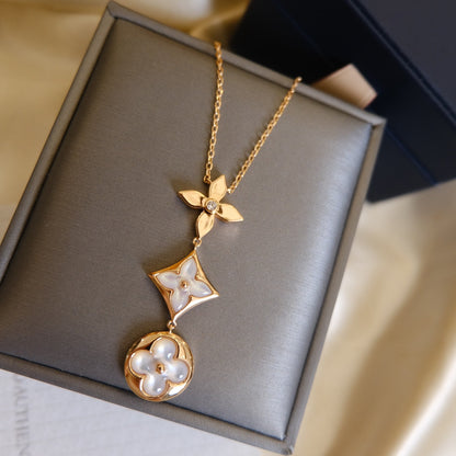 [⭐moonlume]COLOR BLOSSOM LARIAT NECKLACE PINK GOLD WHITE MOTHER PEARL AND DIAMOND