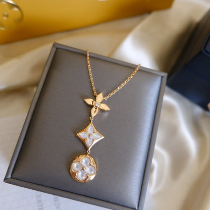 [⭐moonlume]COLOR BLOSSOM LARIAT NECKLACE PINK GOLD WHITE MOTHER PEARL AND DIAMOND