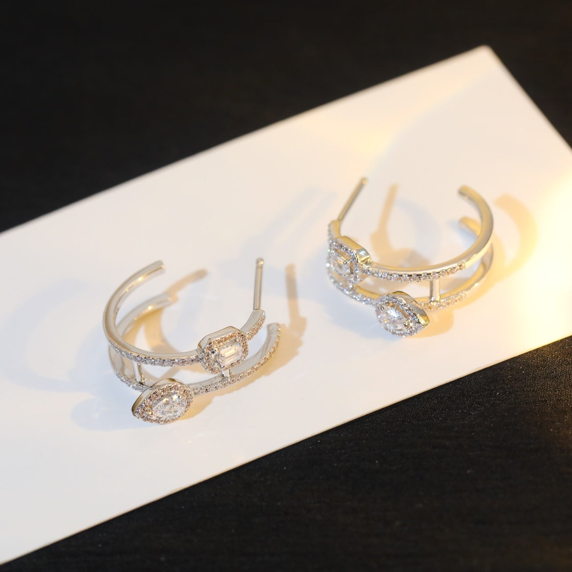 [⭐moonlume]CREOLES MY TWIN 2 RANGS SILVER DIAMOND EARRINGS