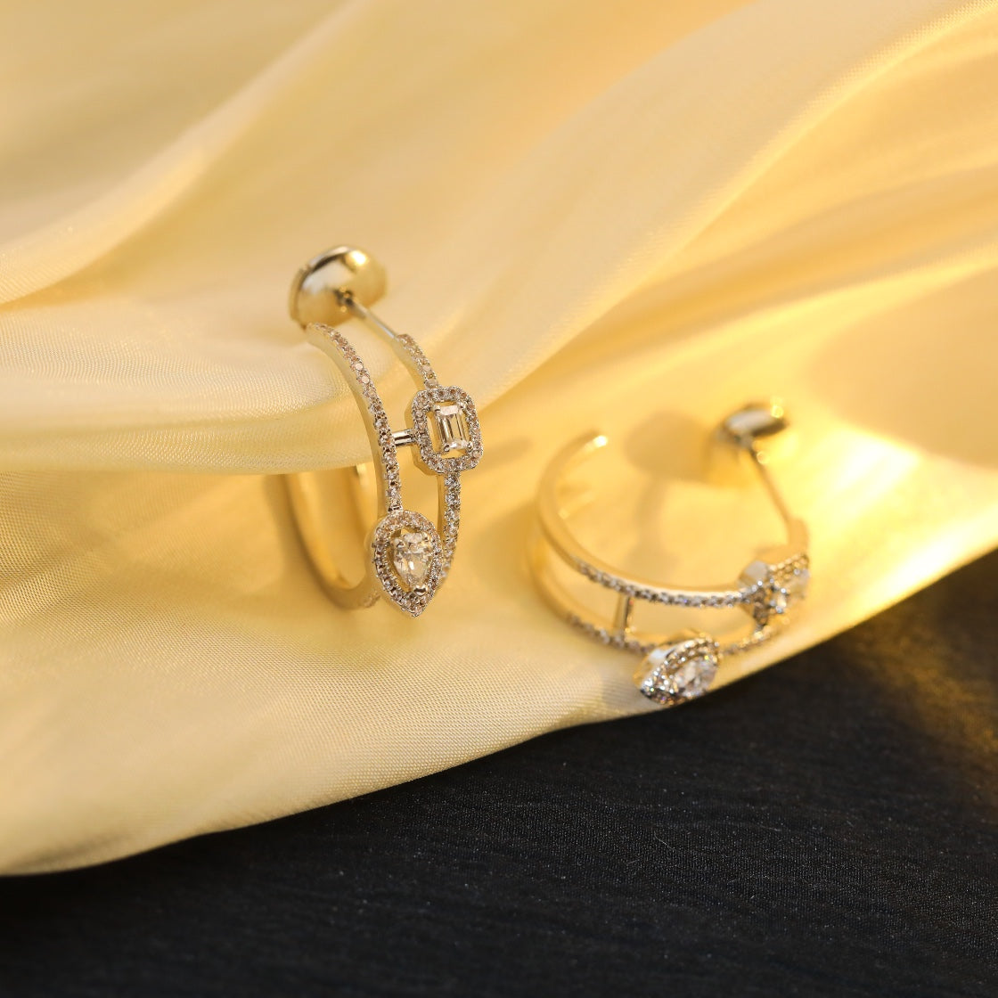 [⭐moonlume]CREOLES MY TWIN 2 RANGS SILVER DIAMOND EARRINGS