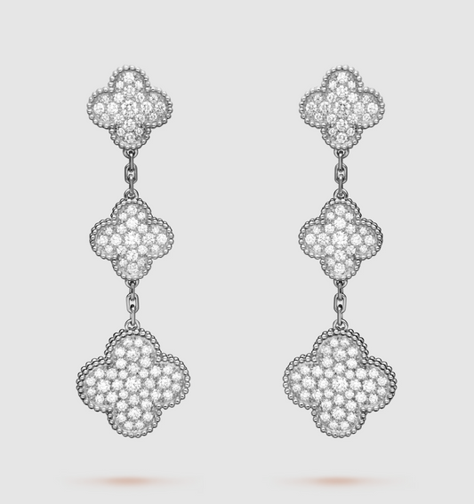 [⭐moonlume]CLOVER 3 MOTIF DIAMOND SILVER DROP EARRINGS