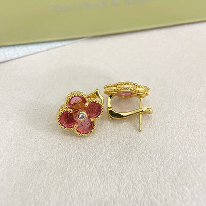 [⭐moonlume]2026 NEW  CLOVER 1 MOTIFPINK ENAMEL STUD EARRINGS WITH DIAMONDS2