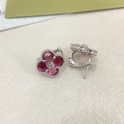 [⭐moonlume]2026 NEW  CLOVER 1 MOTIFPINK ENAMEL STUD EARRINGS WITH DIAMONDS2