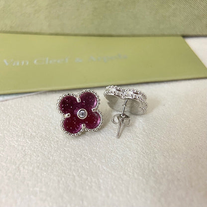 [⭐moonlume]2026 NEW  CLOVER 1 MOTIFPINK ENAMEL STUD EARRINGS WITH DIAMONDS