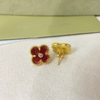 [⭐moonlume]2026 NEW  CLOVER 1 MOTIFPINK ENAMEL STUD EARRINGS WITH DIAMONDS