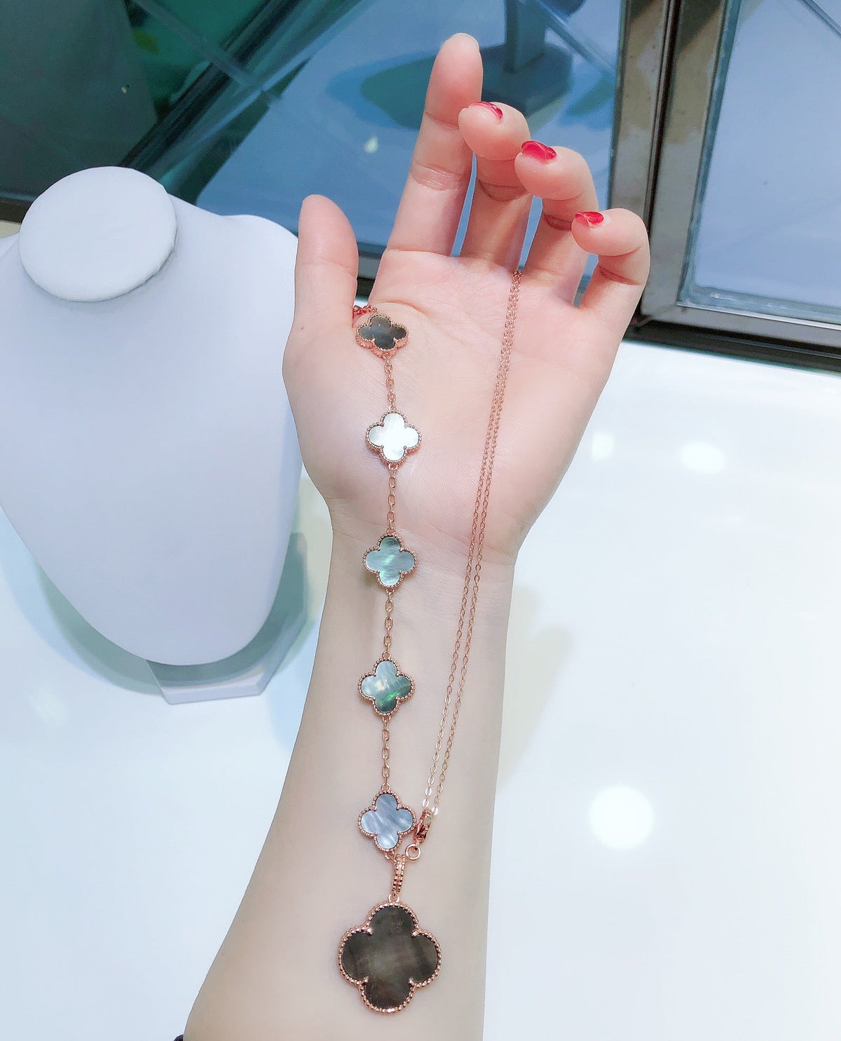 [⭐moonlume]COMBINED BRACELET 5 MOTIFS AND NECKLACE DARK MOP ROSE GOLD