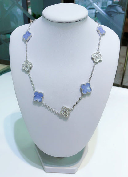 [⭐moonlume]CLOVER 10 MOTIFS CHALCEDONY DIAMONDS SILVER NECKLACE