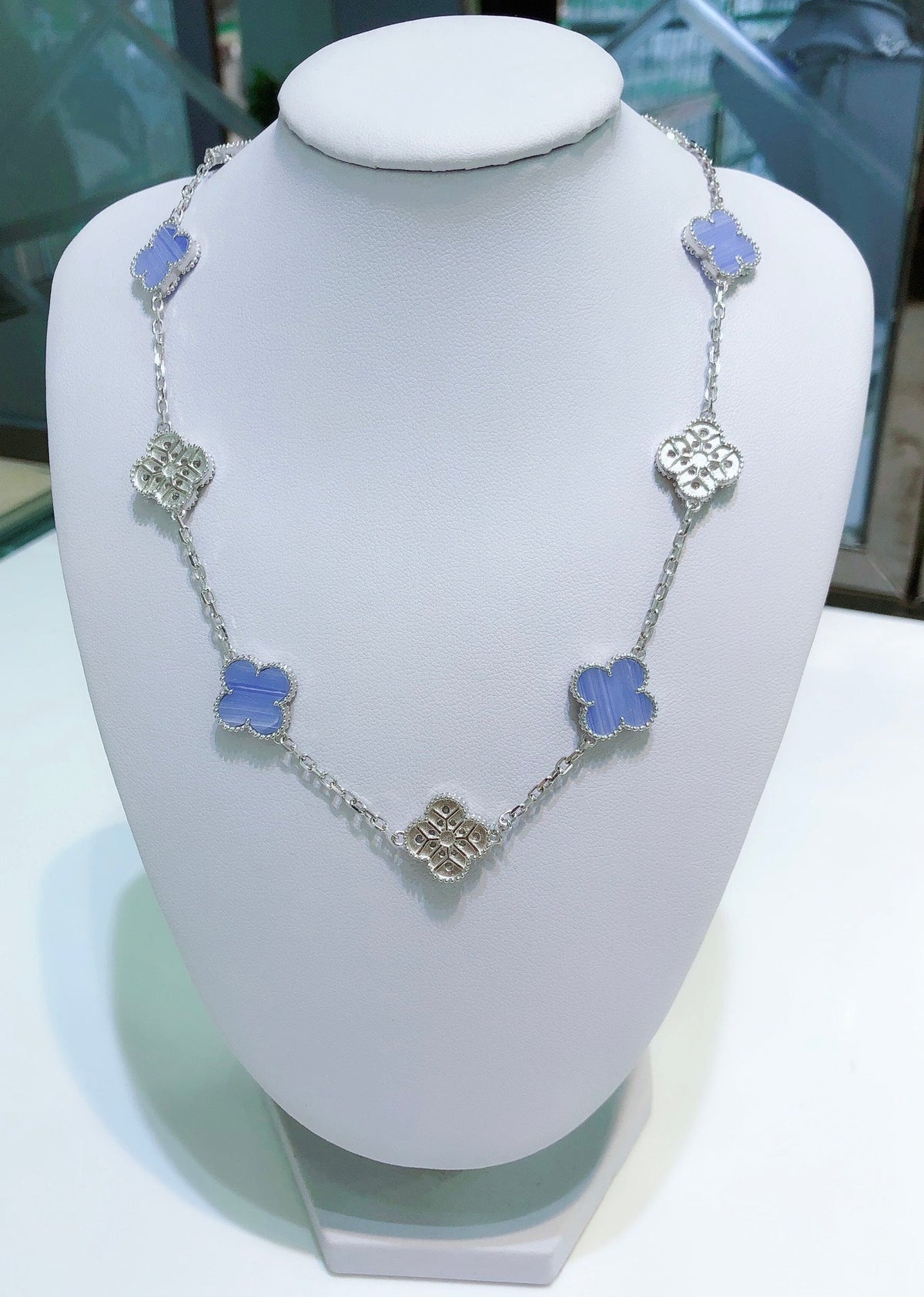 [⭐moonlume]CLOVER 10 MOTIFS CHALCEDONY DIAMONDS SILVER NECKLACE