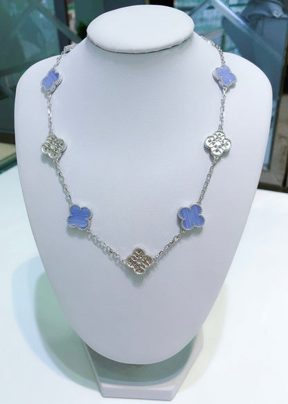[⭐moonlume]CLOVER 10 MOTIFS CHALCEDONY DIAMONDS SILVER NECKLACE