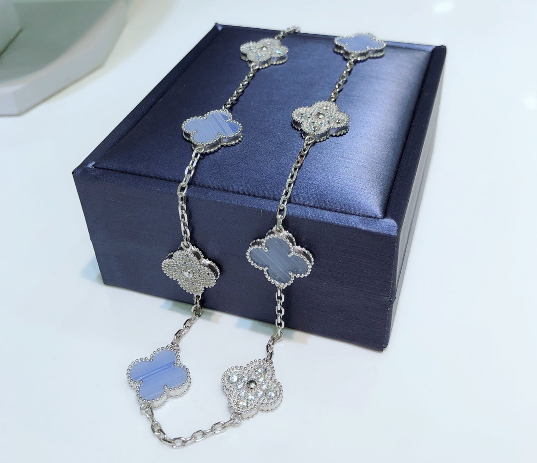 [⭐moonlume]CLOVER 10 MOTIFS CHALCEDONY DIAMONDS SILVER NECKLACE