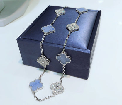 [⭐moonlume]CLOVER 10 MOTIFS CHALCEDONY DIAMONDS SILVER NECKLACE