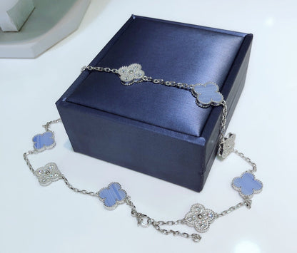 [⭐moonlume]CLOVER 10 MOTIFS CHALCEDONY DIAMONDS SILVER NECKLACE
