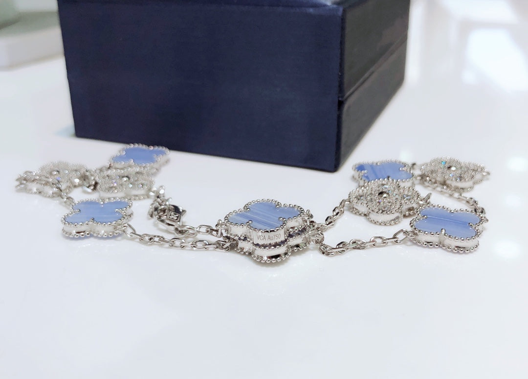 [⭐moonlume]CLOVER 10 MOTIFS CHALCEDONY DIAMONDS SILVER NECKLACE