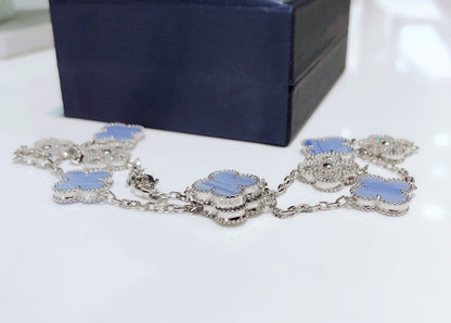 [⭐moonlume]CLOVER 10 MOTIFS CHALCEDONY DIAMONDS SILVER NECKLACE